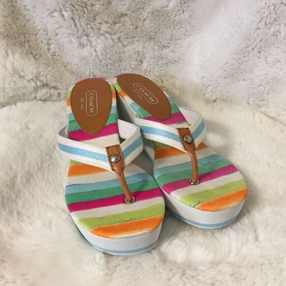 NEW Coach Felicite Multi-Color Striped Wedge Platform Thong Strap Sandals Size 8 - Picture 5 of 13